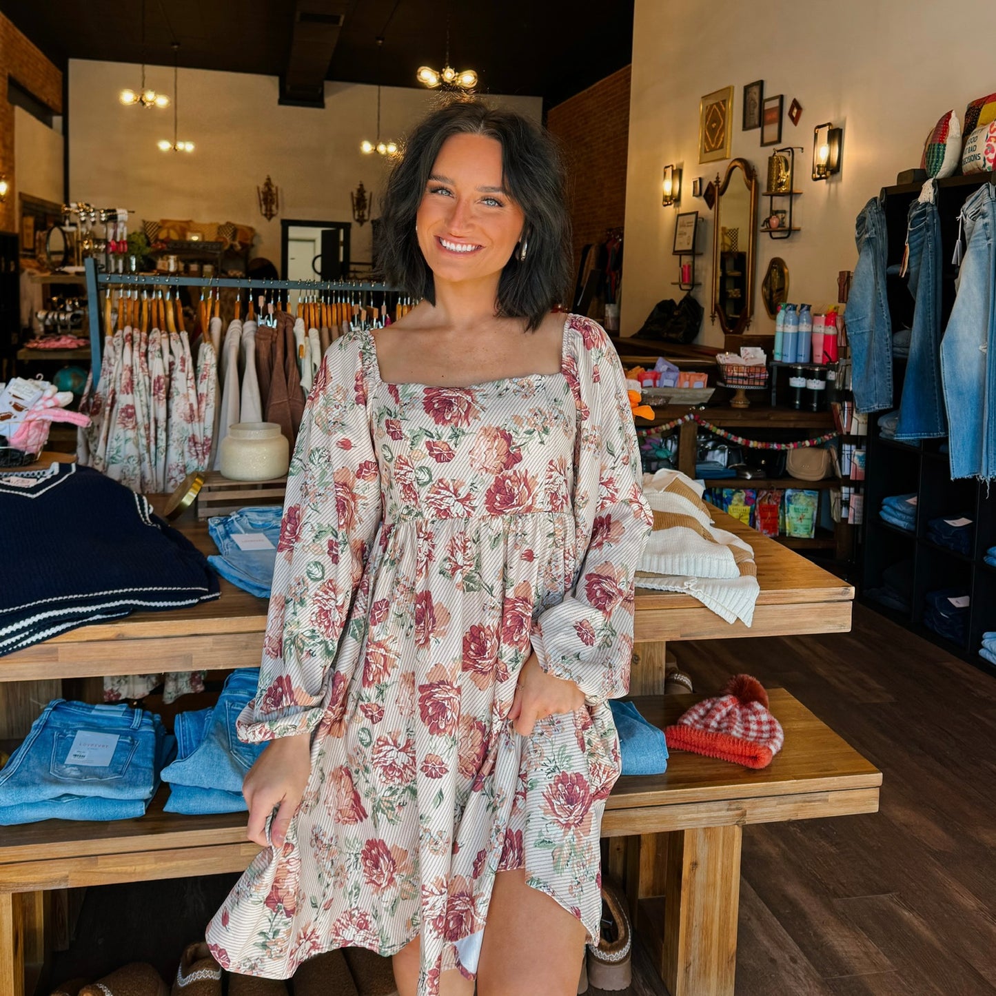 Vintage Floral Print Long Sleeve Babydoll Dress