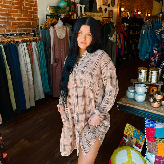 Plaid Mineral Wash Shirt Dress