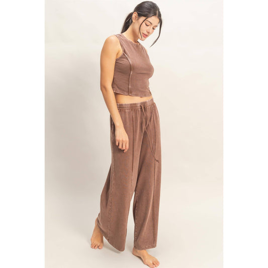 Mineral Washed Sleeveless Top & Wide Leg Pants Set in Chocolate