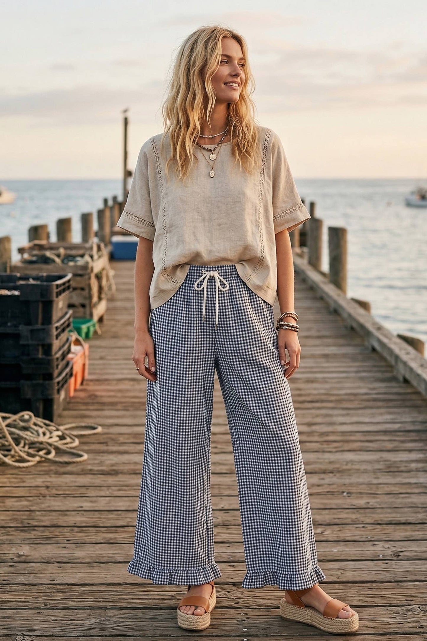 Checkered Gingham Ruffled Hem Pants