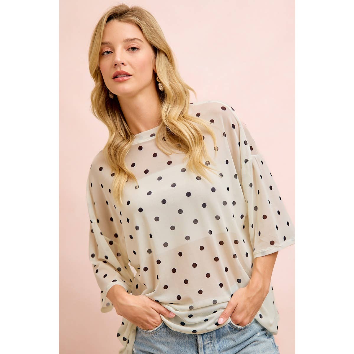 Polka Dot Mesh Over Sized Top