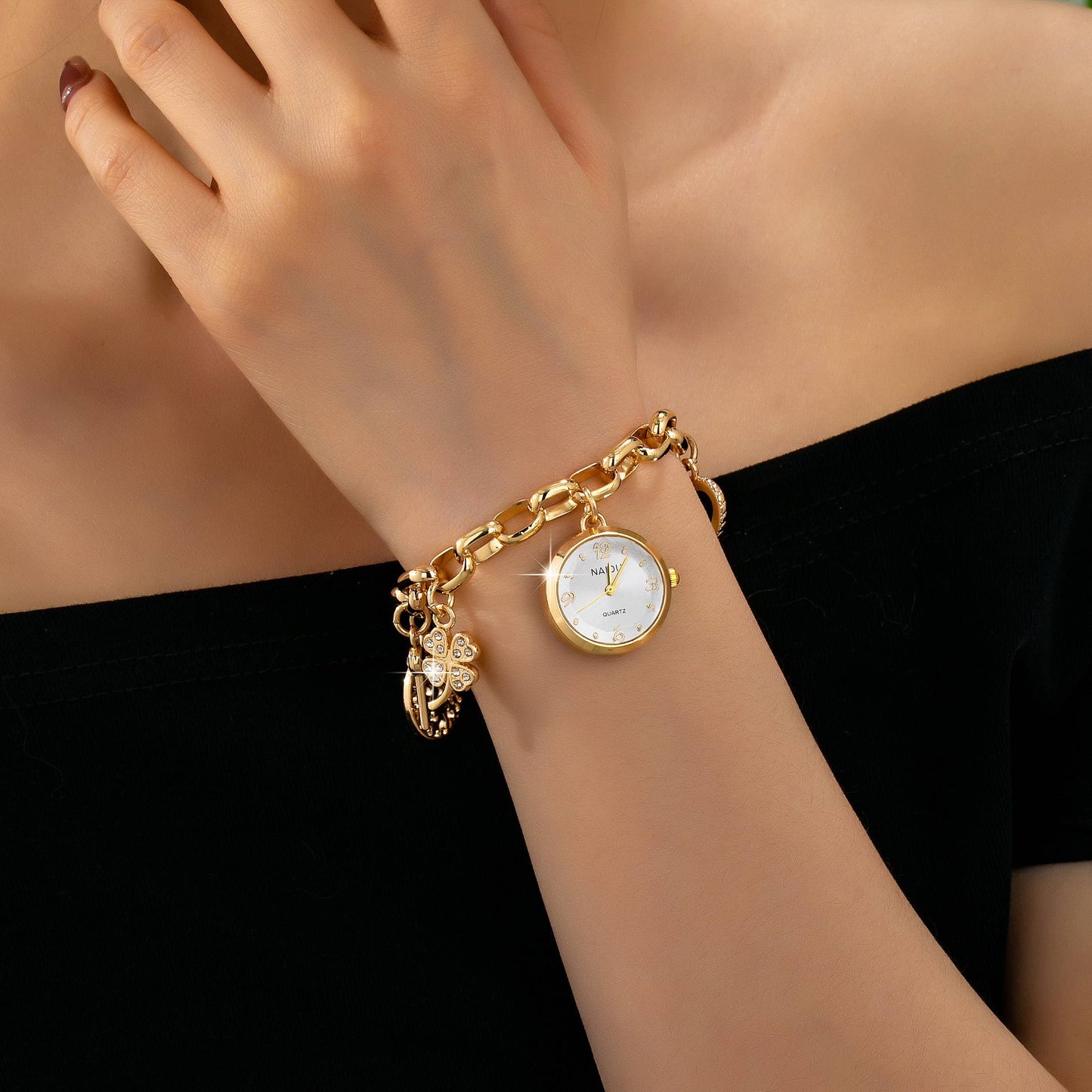 Round Dial Charm Clover Heart Bracelet Watch