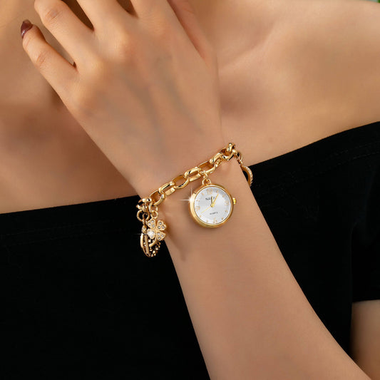 Round Dial Charm Clover Heart Bracelet Watch