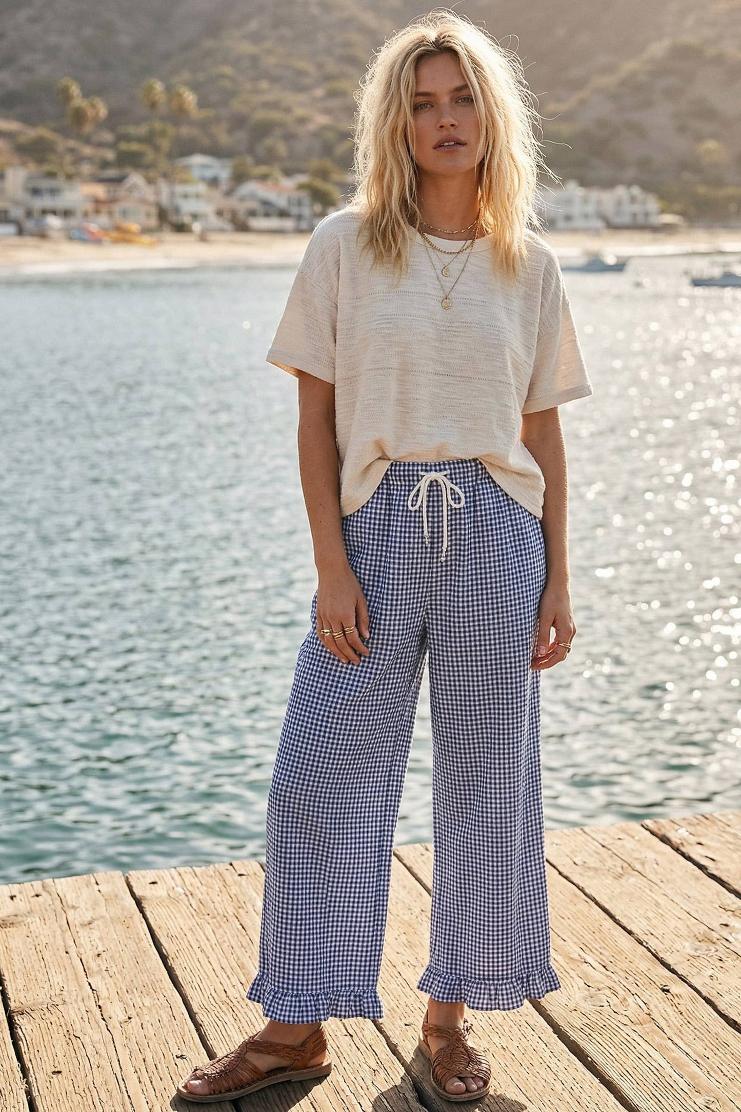 Checkered Gingham Ruffled Hem Pants