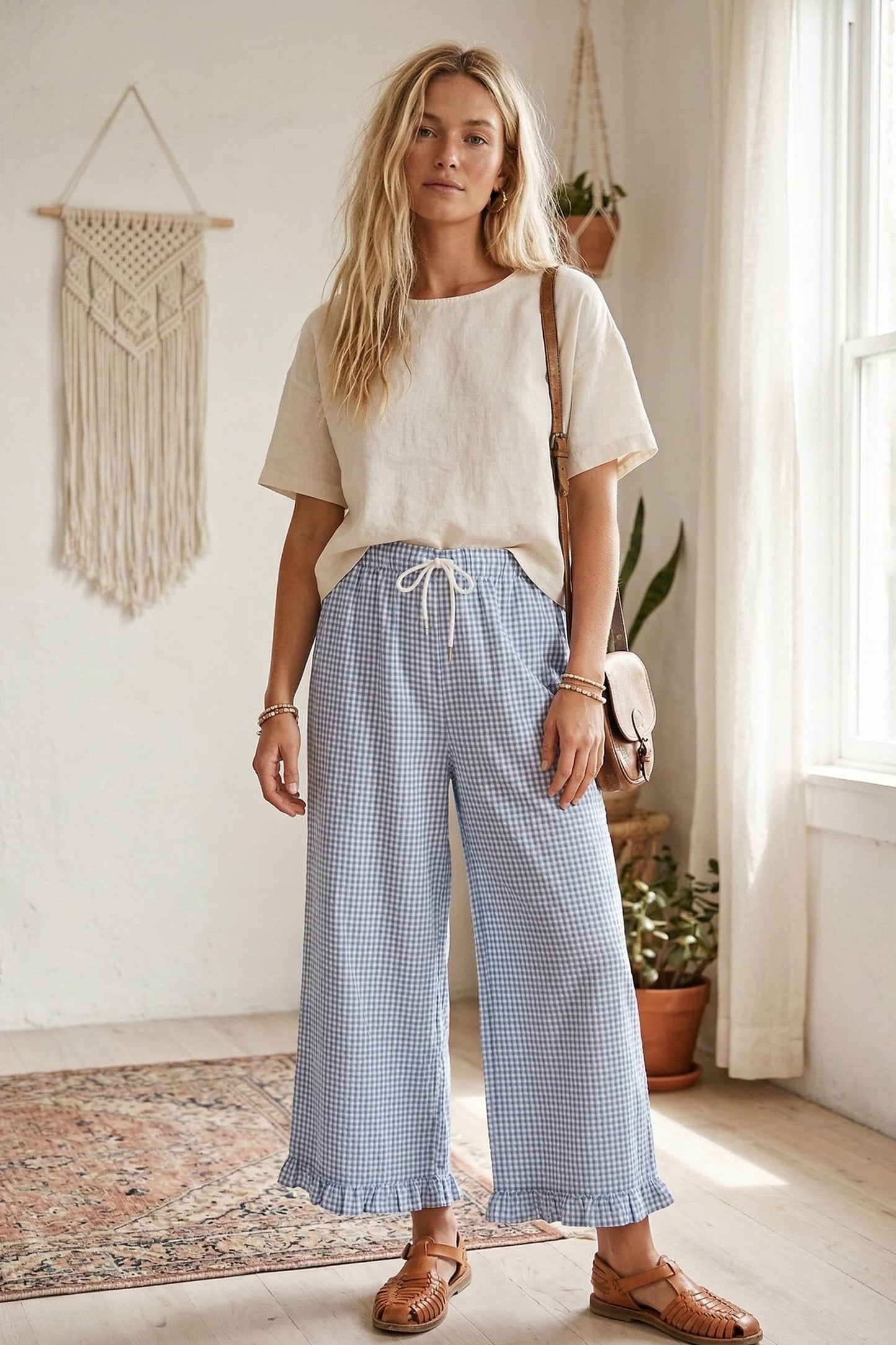 Checkered Gingham Ruffled Hem Pants