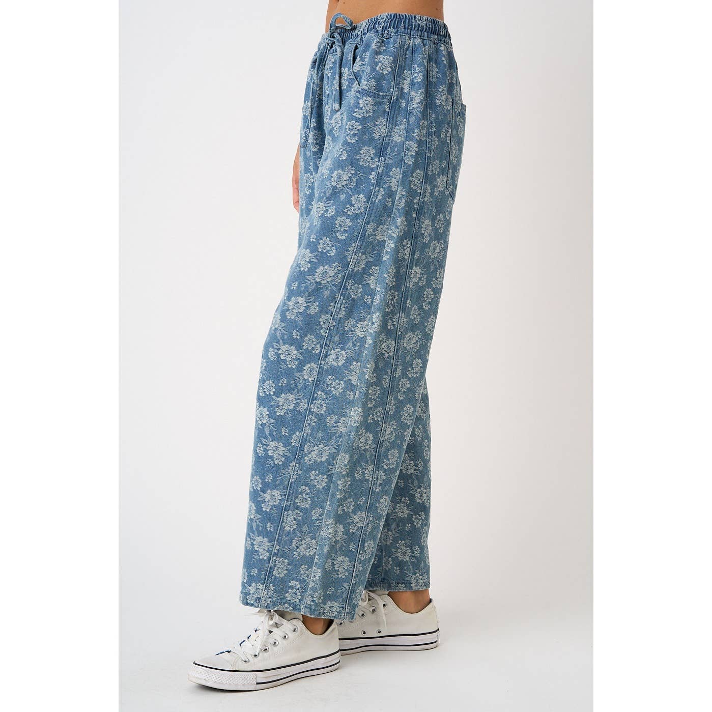 Floral Print Elastic Waist Barrel Jeans