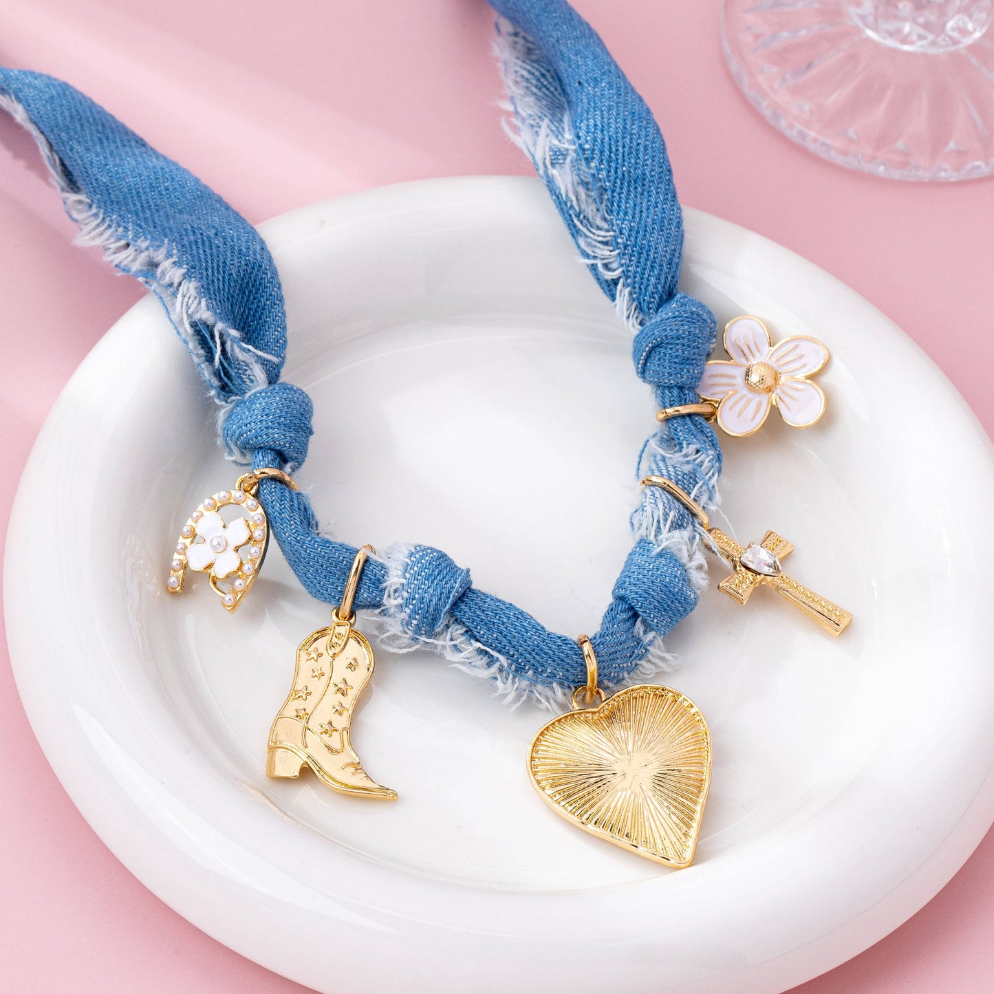 Western Denim Cowboy Boot & Cross Charm Necklace