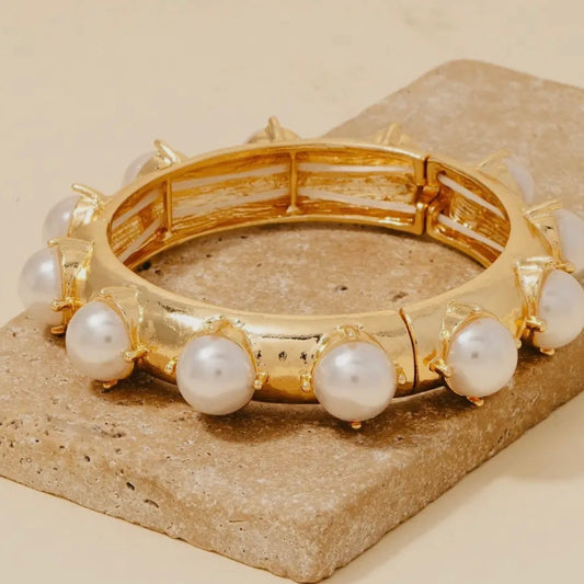 Large Pearl Studded Elastic Bangle Bracelet