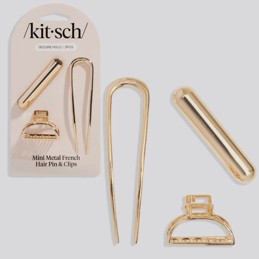 Mini Metal French Hair Pin & Clips 3pc Set - Gold