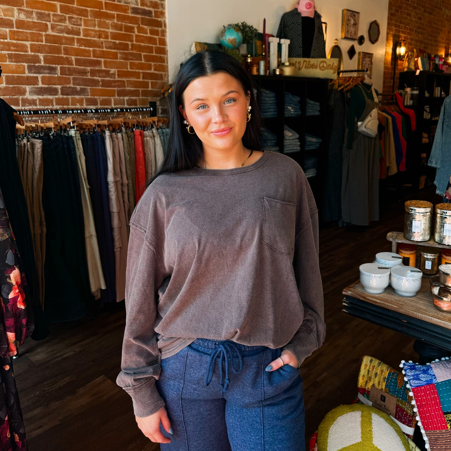 Oversized Washed Long Sleeve Pocket Tee