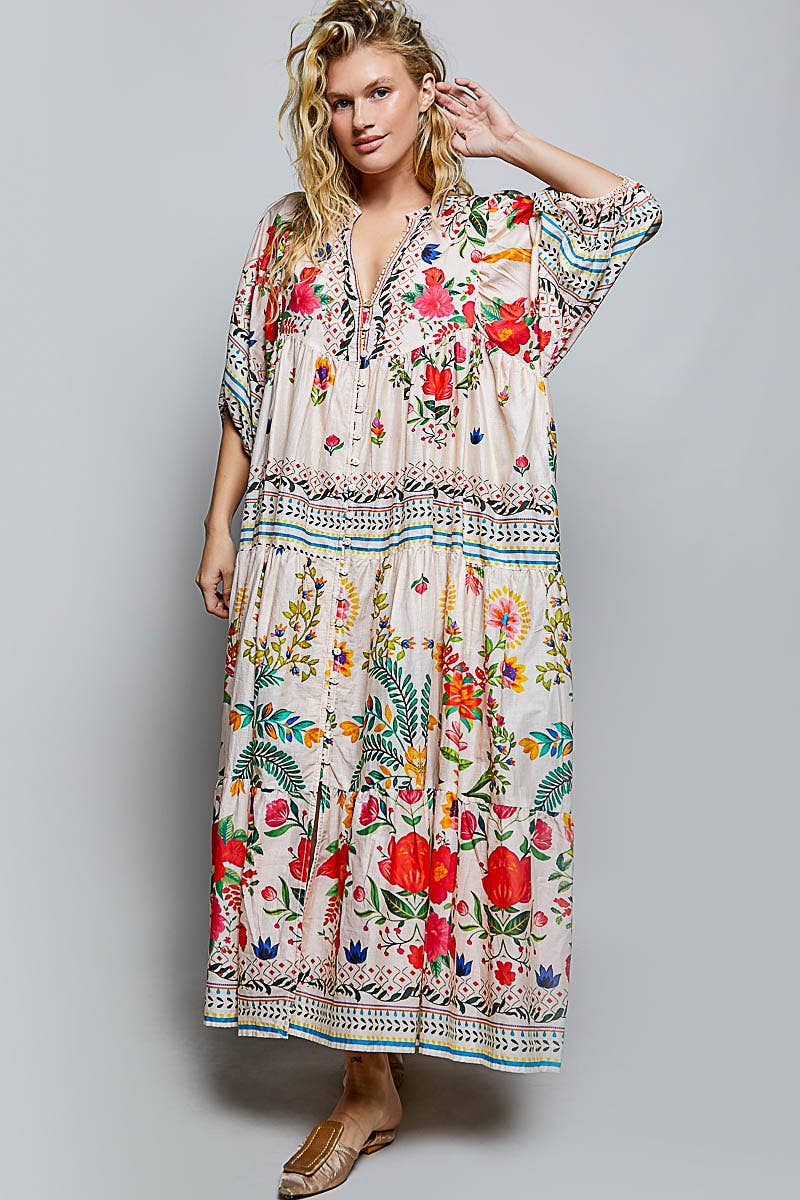 Boho Deep V-Neck Floral Balloon Sleeve Dress