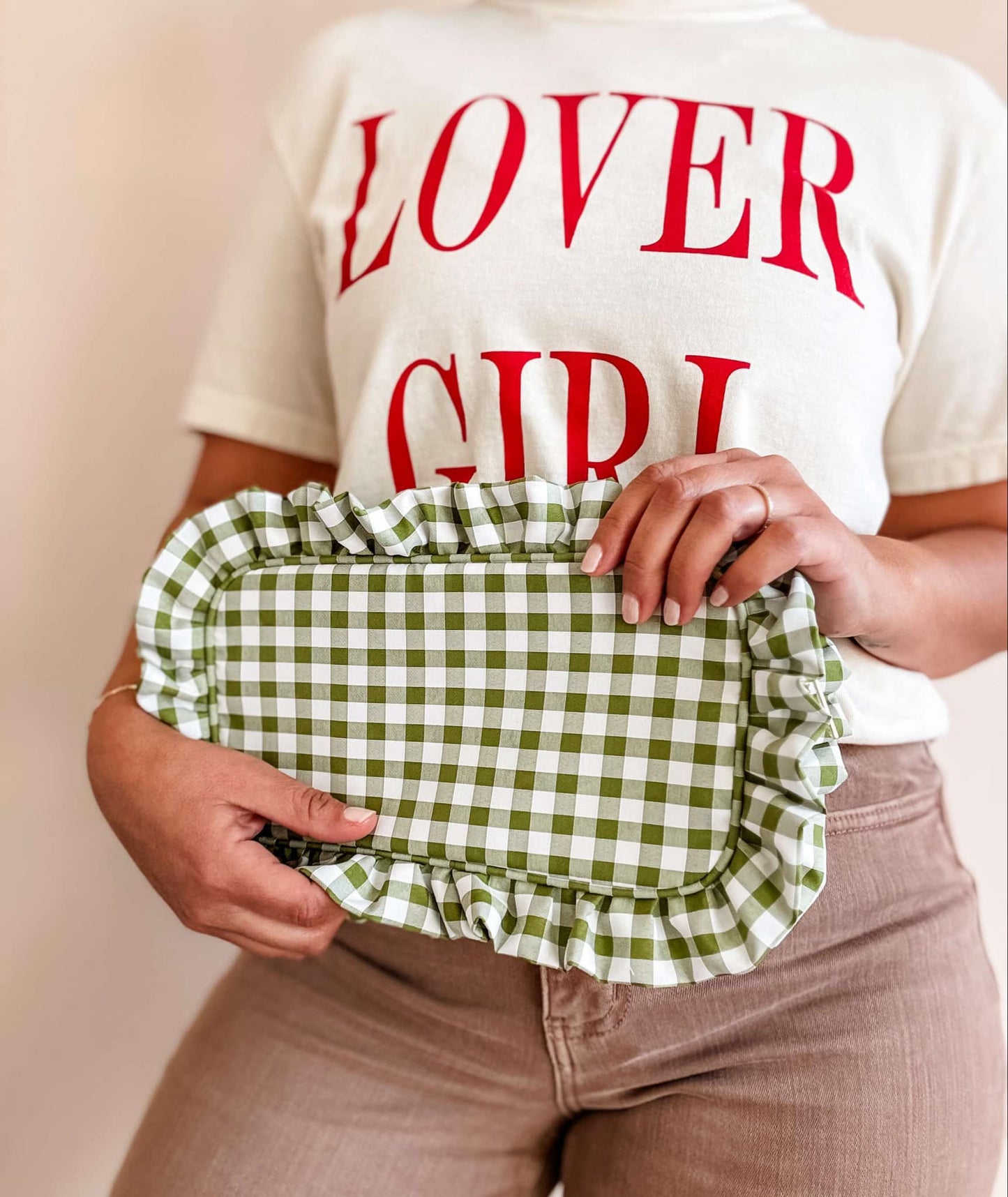 Gingham Ruffle Zipper Pouch Cosmetic Bag