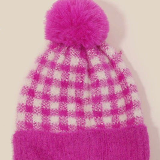 Fuzzy Pom Pom Plaid Beanie