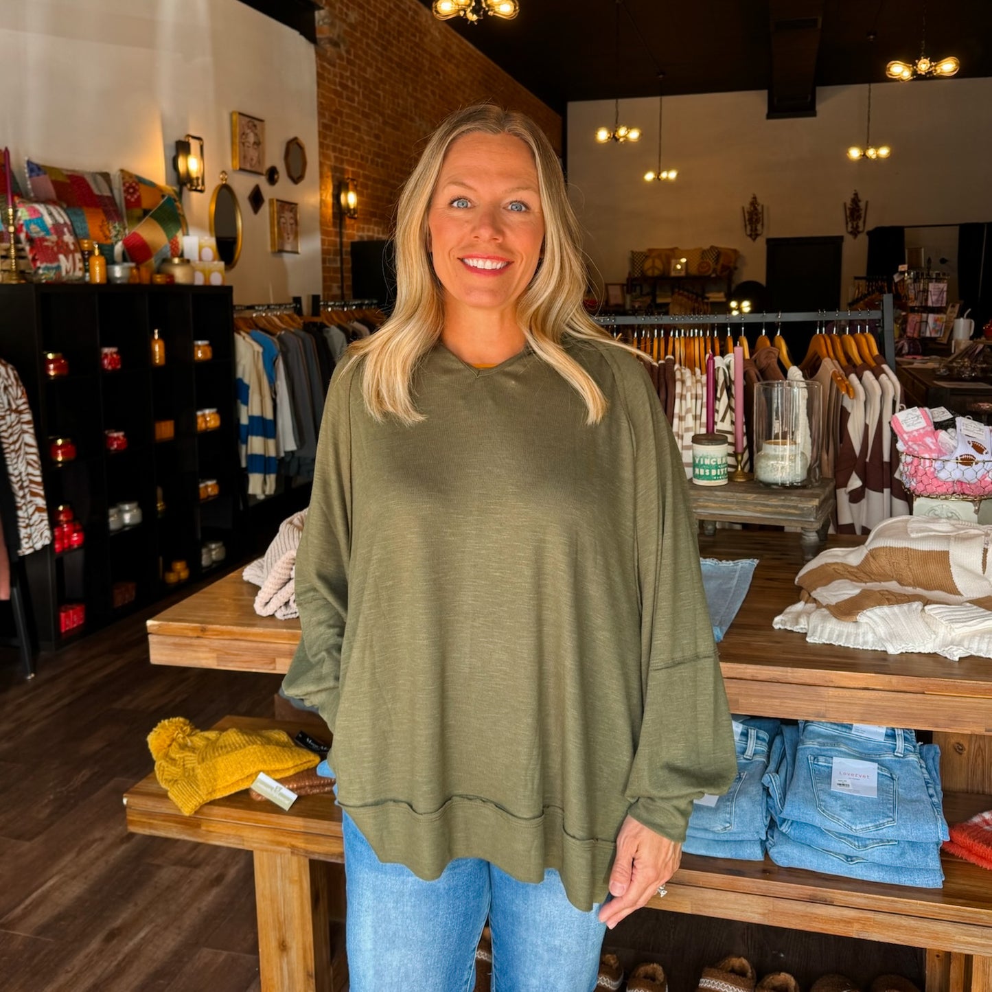 Olive Flowy Split Neck Top