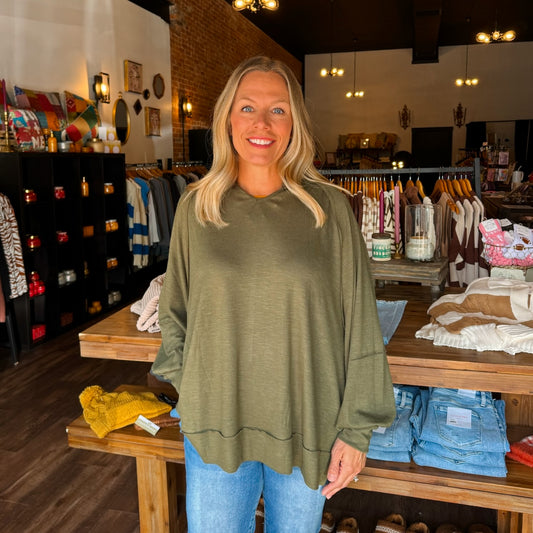 Olive Flowy Split Neck Top