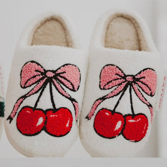 Cherry Bow Fuzzy Valentine's Slippers