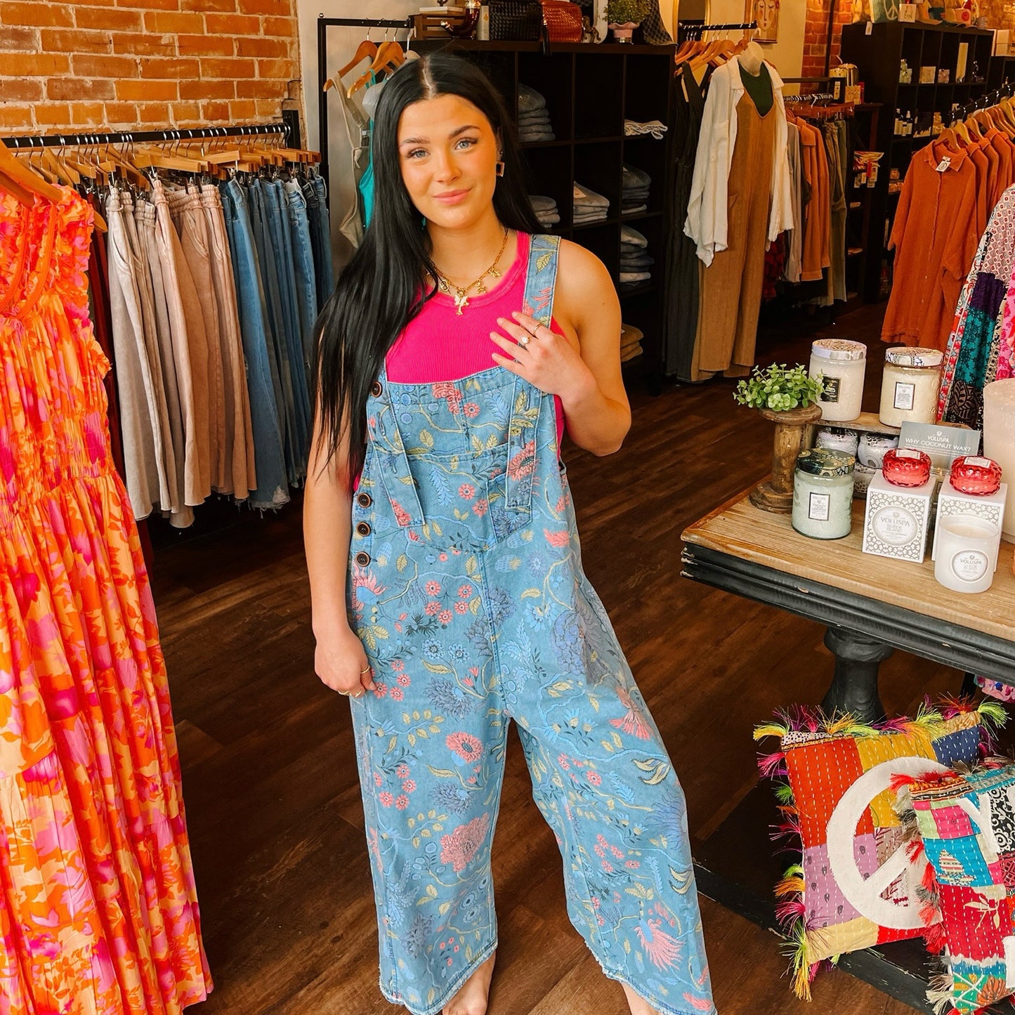 Washed Denim Floral Printed Vintage Overalls