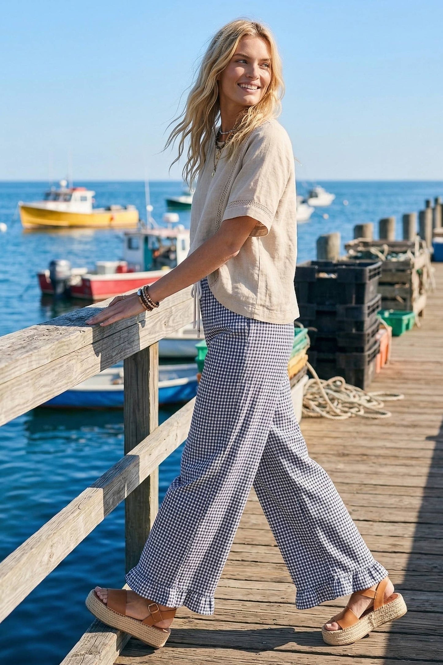 Checkered Gingham Ruffled Hem Pants