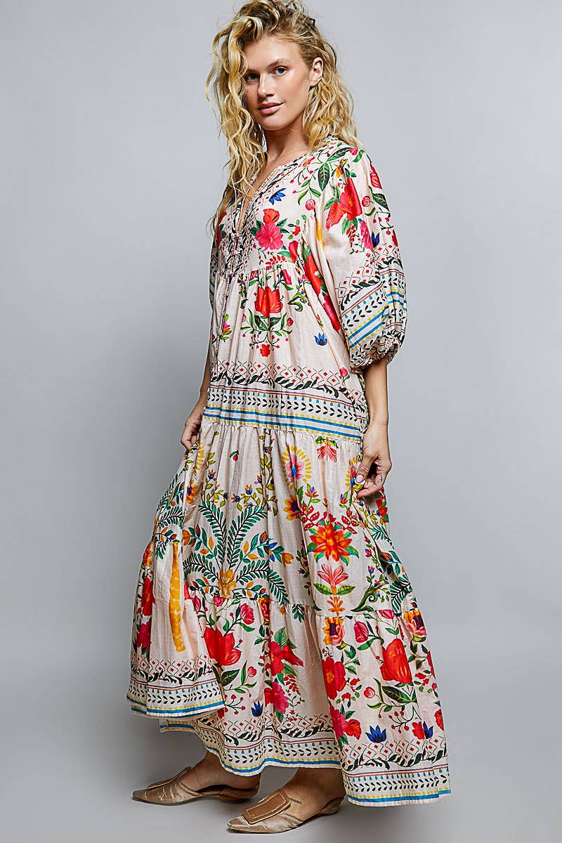 Boho Deep V-Neck Floral Balloon Sleeve Dress
