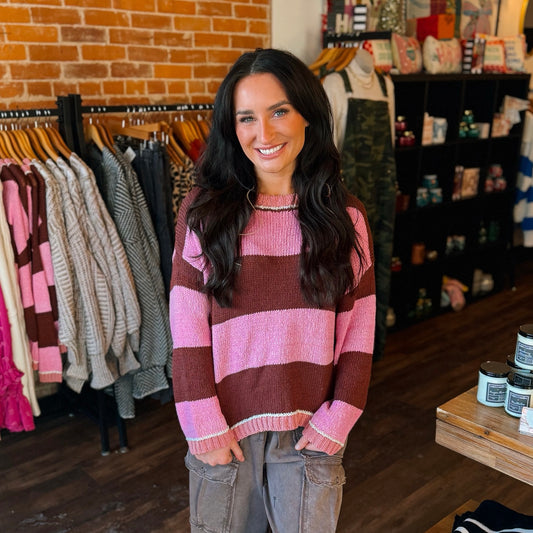 Pink & Brown Drop Shoulder Stripe Sweater