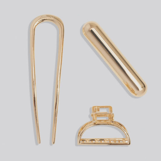 Mini Metal French Hair Pin & Clips 3pc Set - Gold