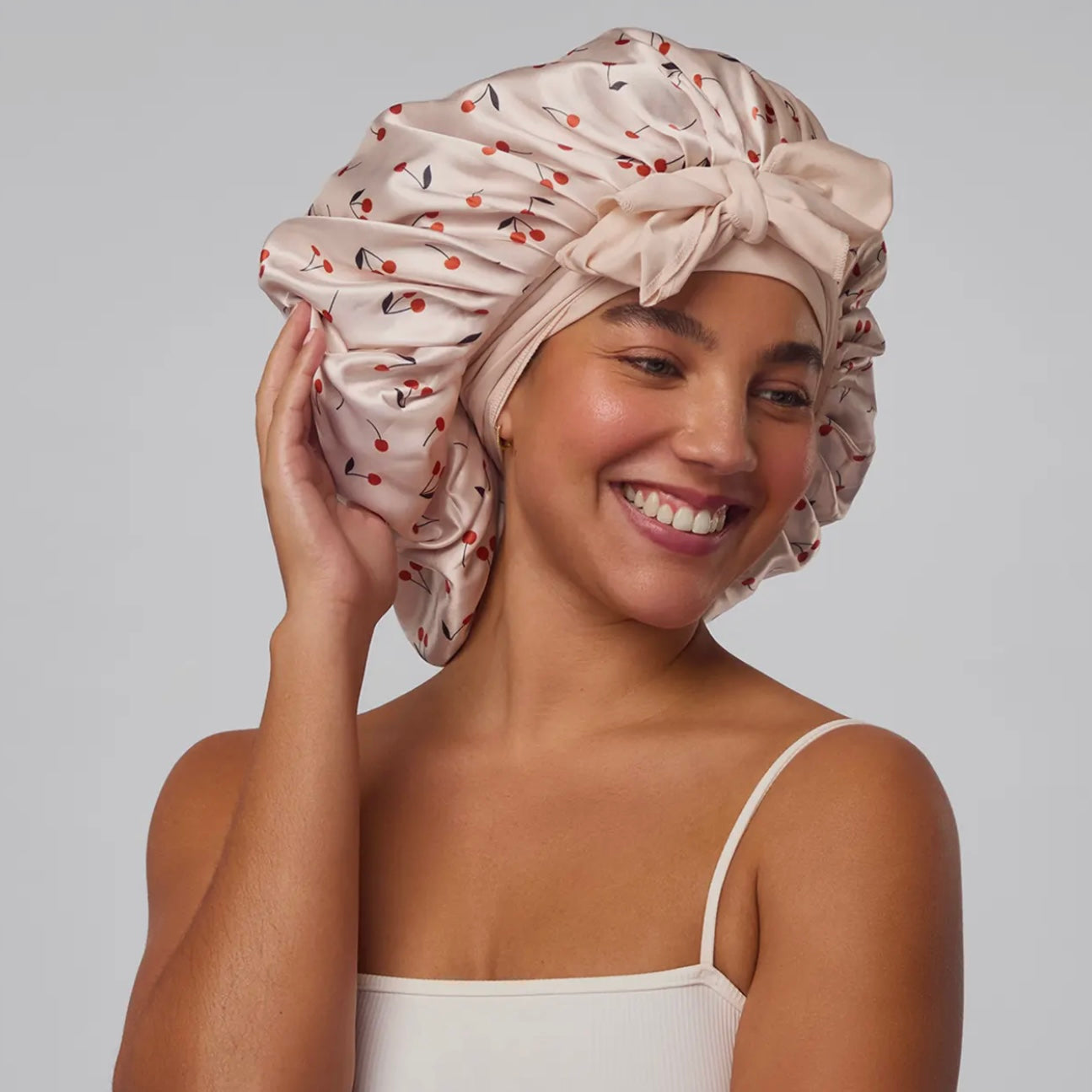 Kitsch Adjustable Oversized Satin Bonnet - Cherry Print