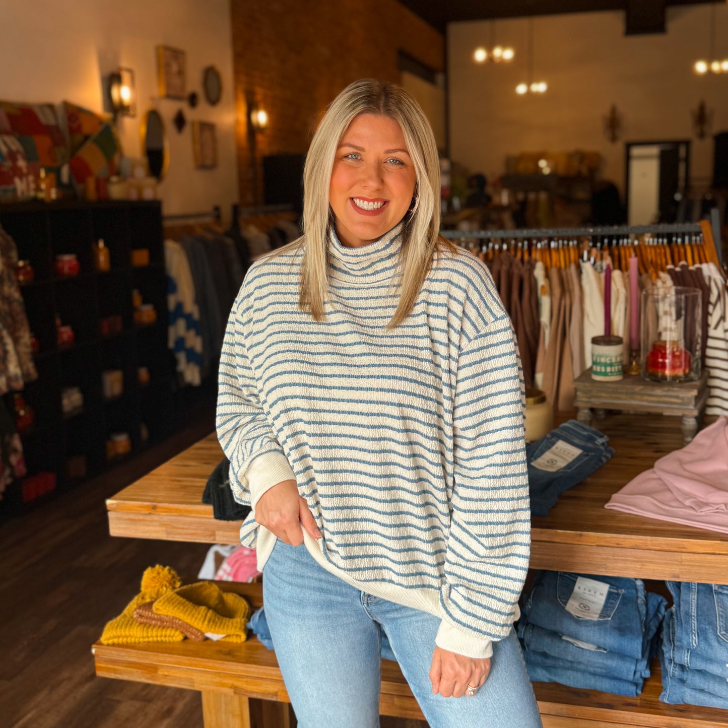 Bucketlist Stripe Print Mock Neck Sweatshirt
