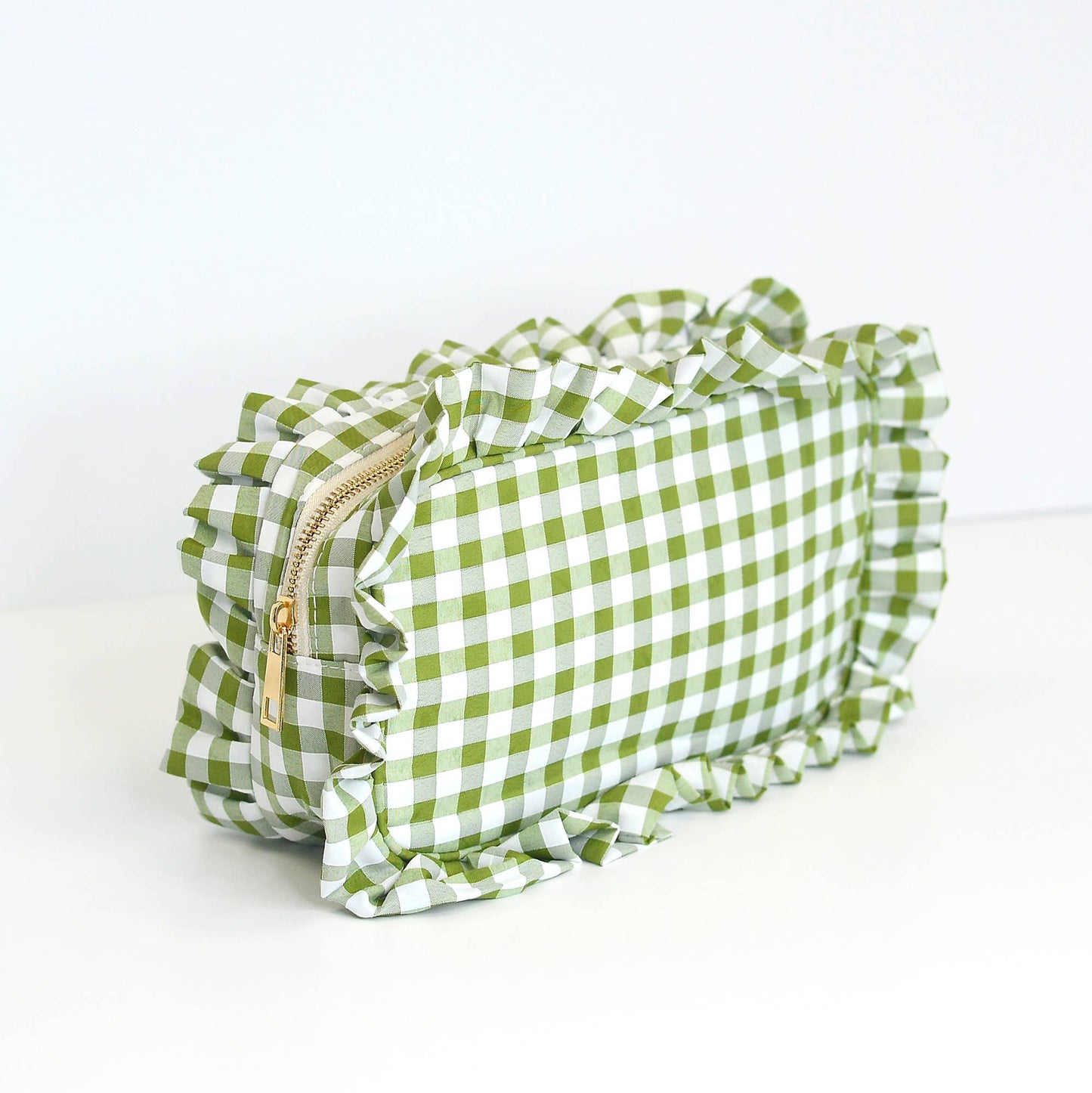 Gingham Ruffle Zipper Pouch Cosmetic Bag