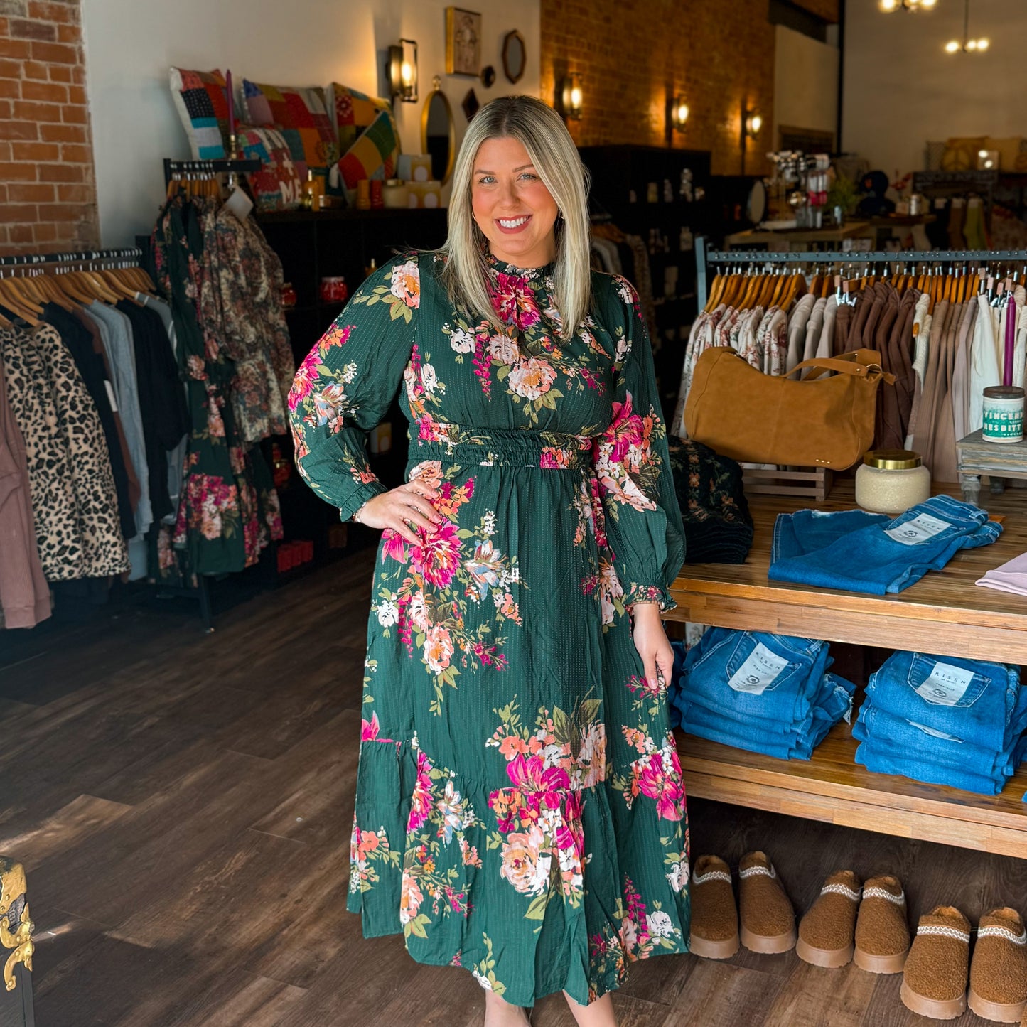 Dark Green Floral Printed Midi Dress