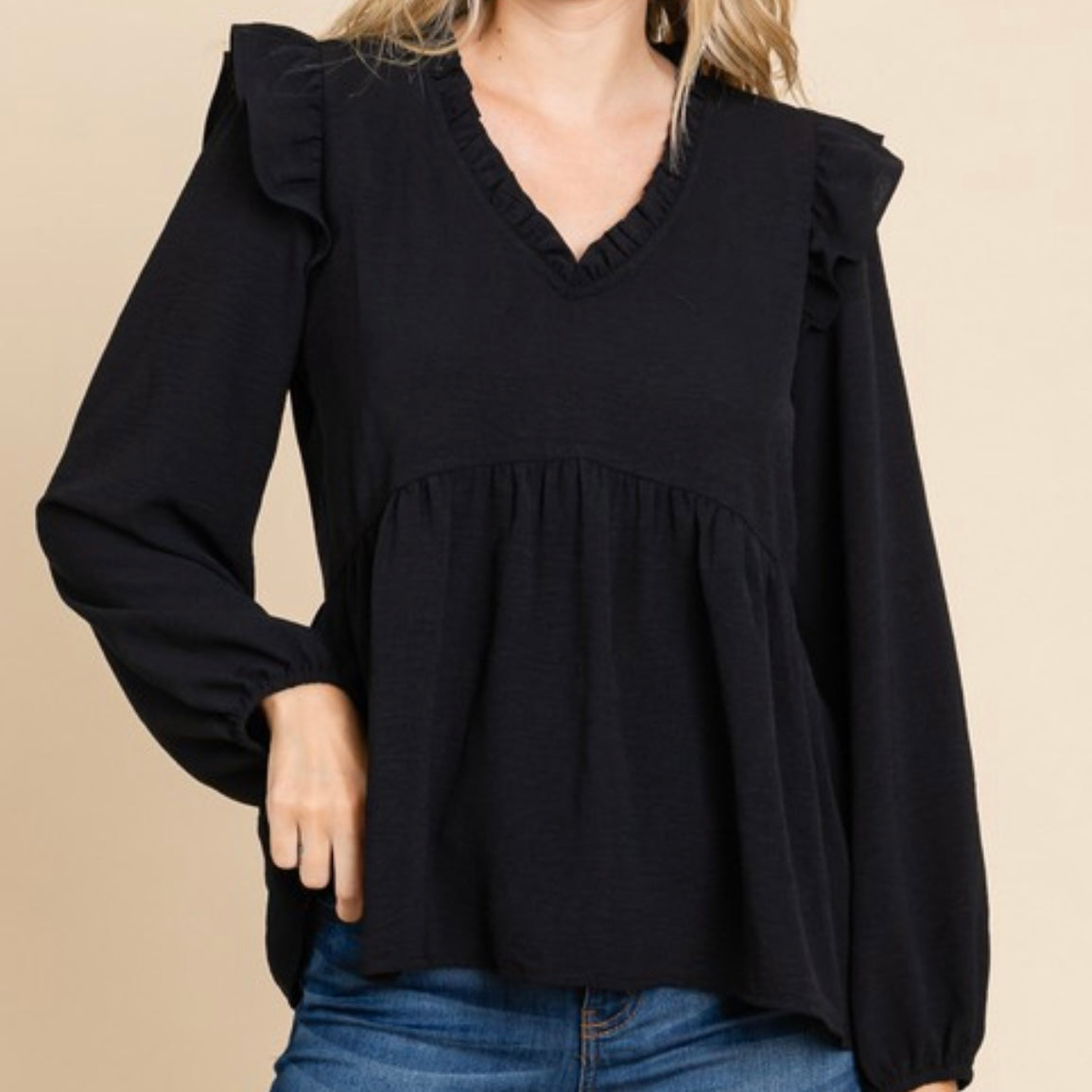 Black Bubble Sleeve Baby Doll Top