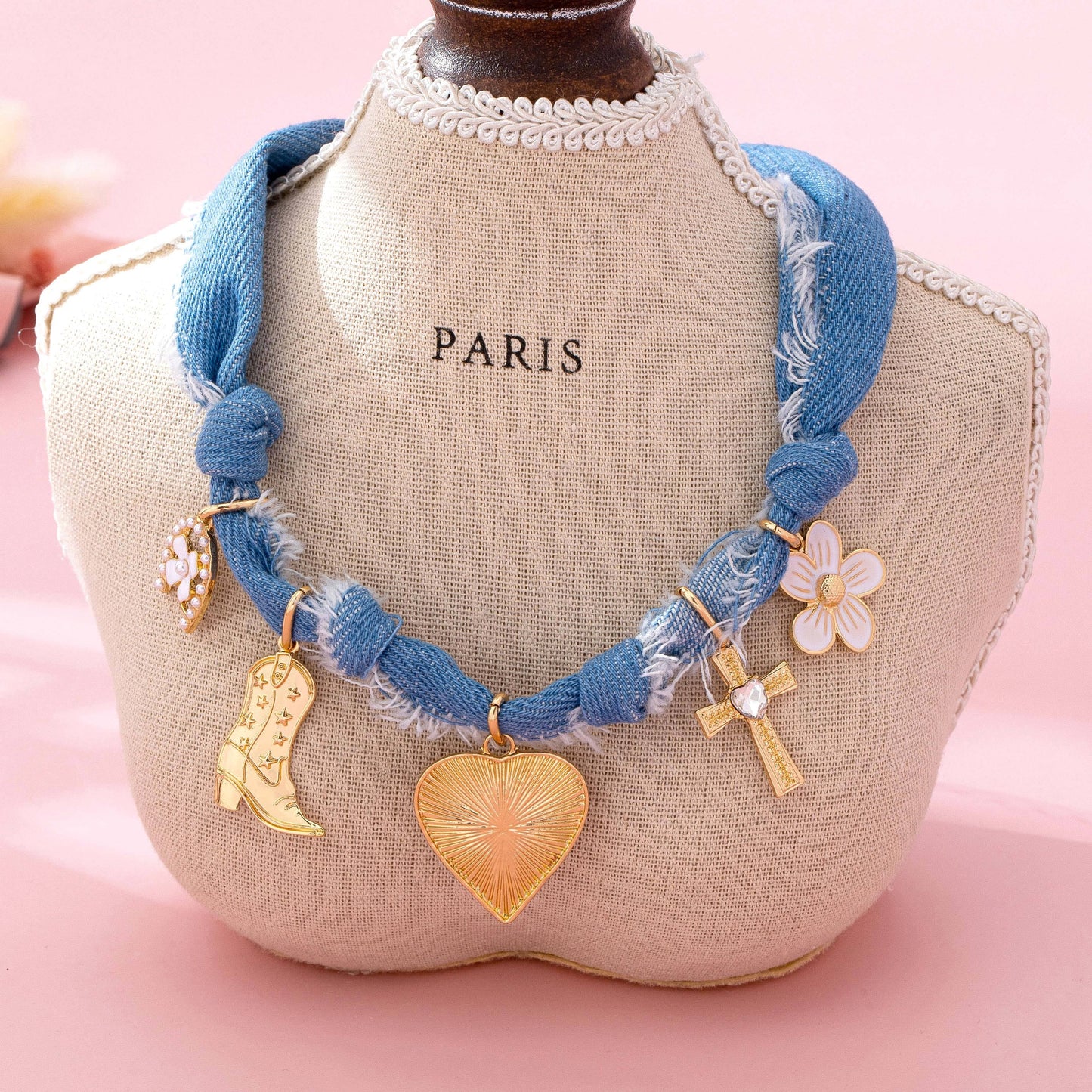 Western Denim Cowboy Boot & Cross Charm Necklace