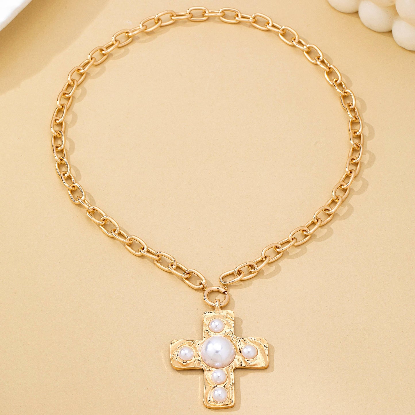Hammered Cross Pearl Necklace