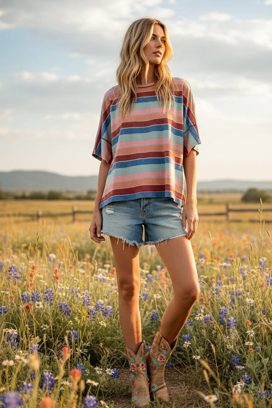 Mineral Washed Multi Stripe Knit Top