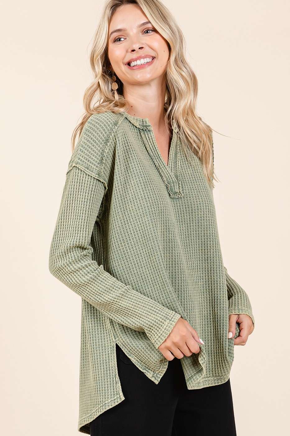 Mineral Wash Waffle Knit V-Neck Long Sleeve Top