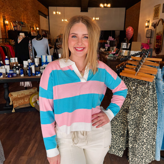 Striped Contrast Collar Cropped Top