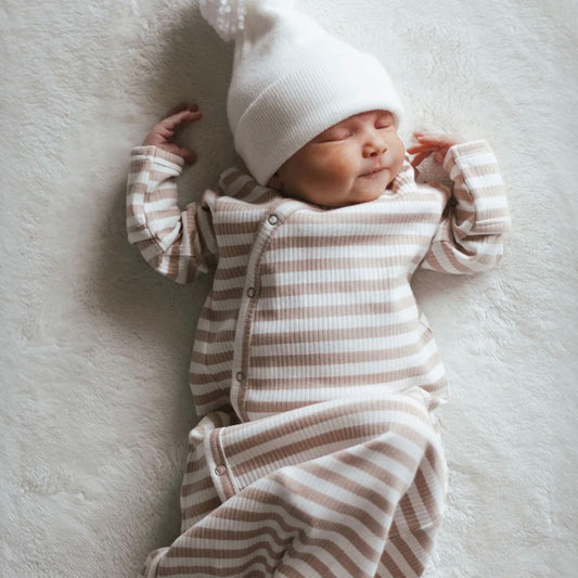 Organic Ribbed Tan Stripe Gown