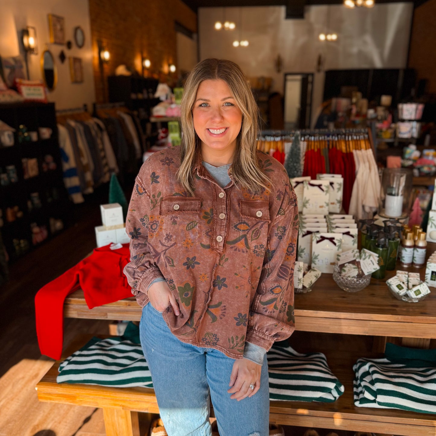 Chocolate Mineral Washed Flower Printed Pullover