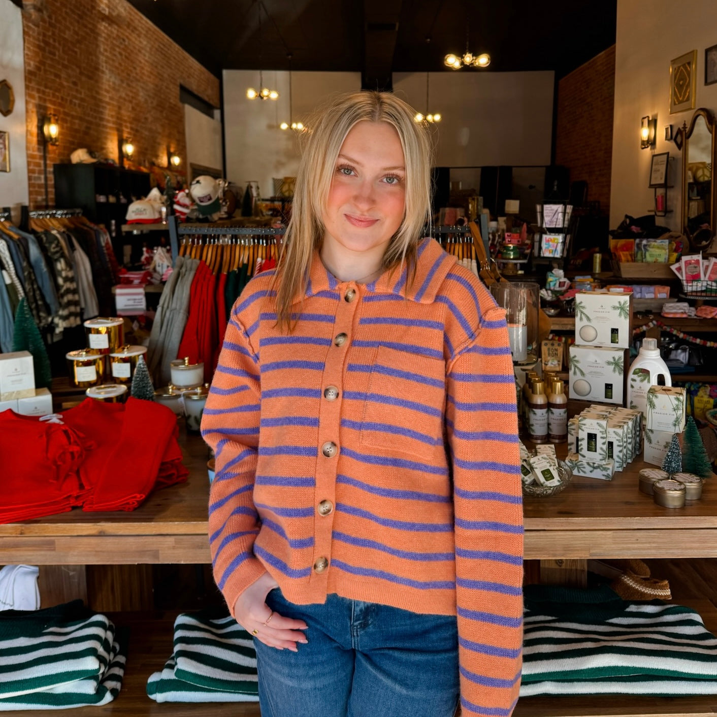 Cantaloupe Button Down Stripe Cardigan