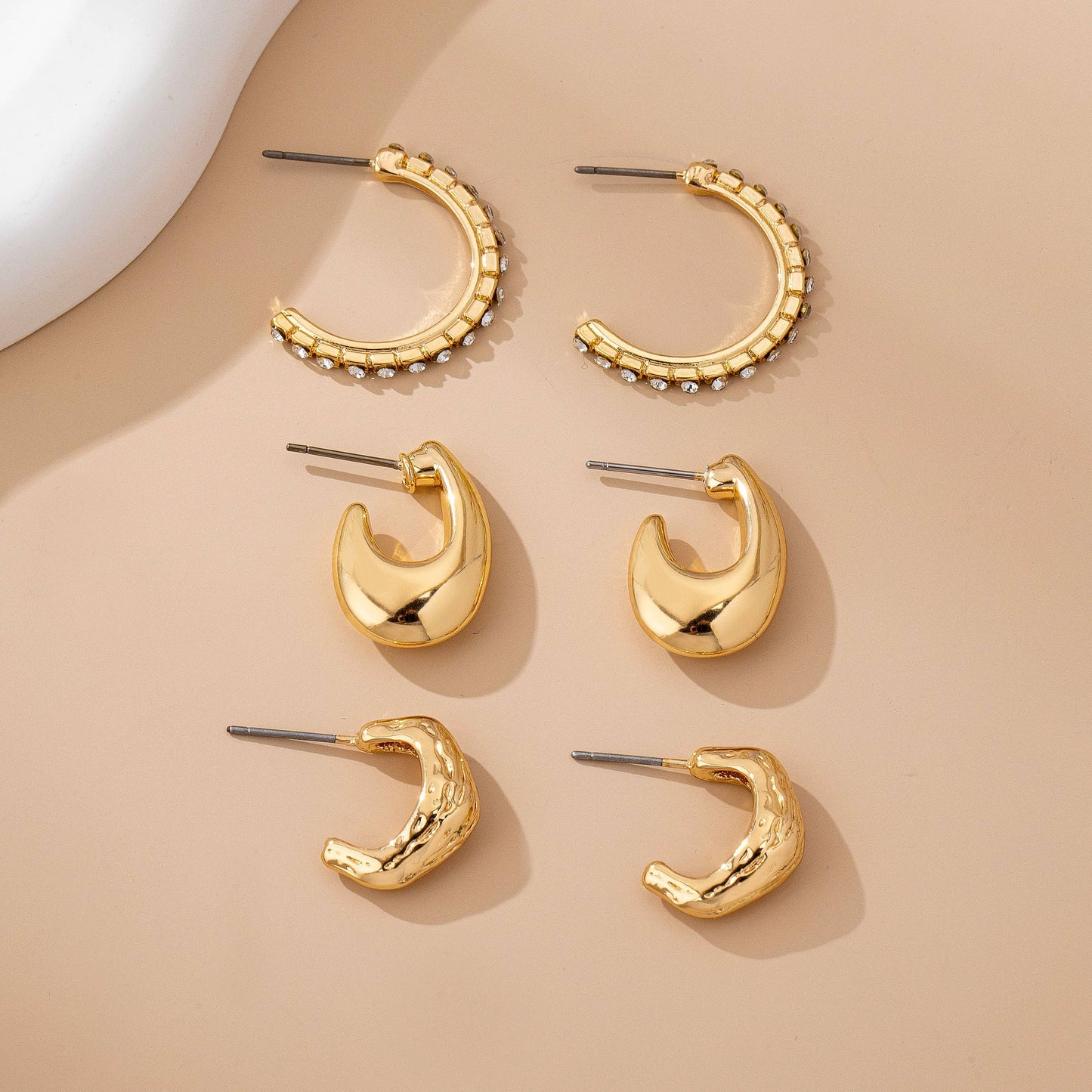 Tapered Rhinestone Huggie Hoop Trio Earring Set