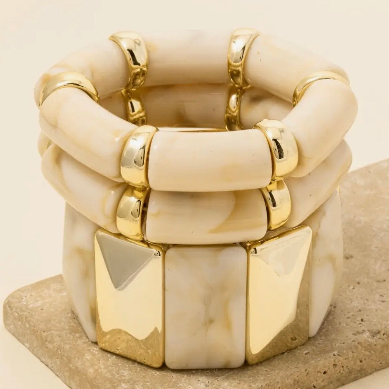 Chunky Marble Resin and Metallic Beads Elastic Bracelet Set