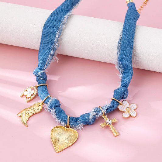 Western Denim Cowboy Boot & Cross Charm Necklace