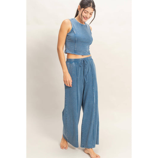 Mineral Washed Sleeveless Top & Wide Leg Pants Set in Denim
