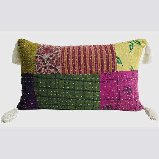 Cotton Kantha Lumbar Pillow With Tassels