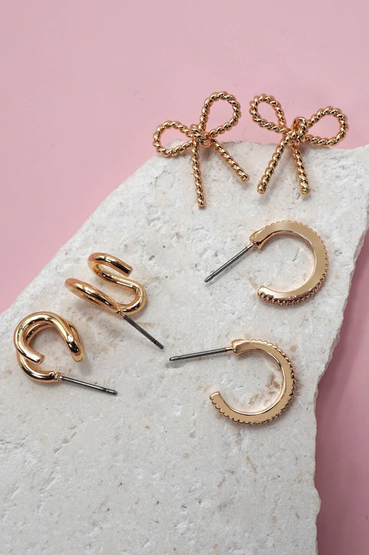 Trio Huggie Bow Hoop Earring Set
