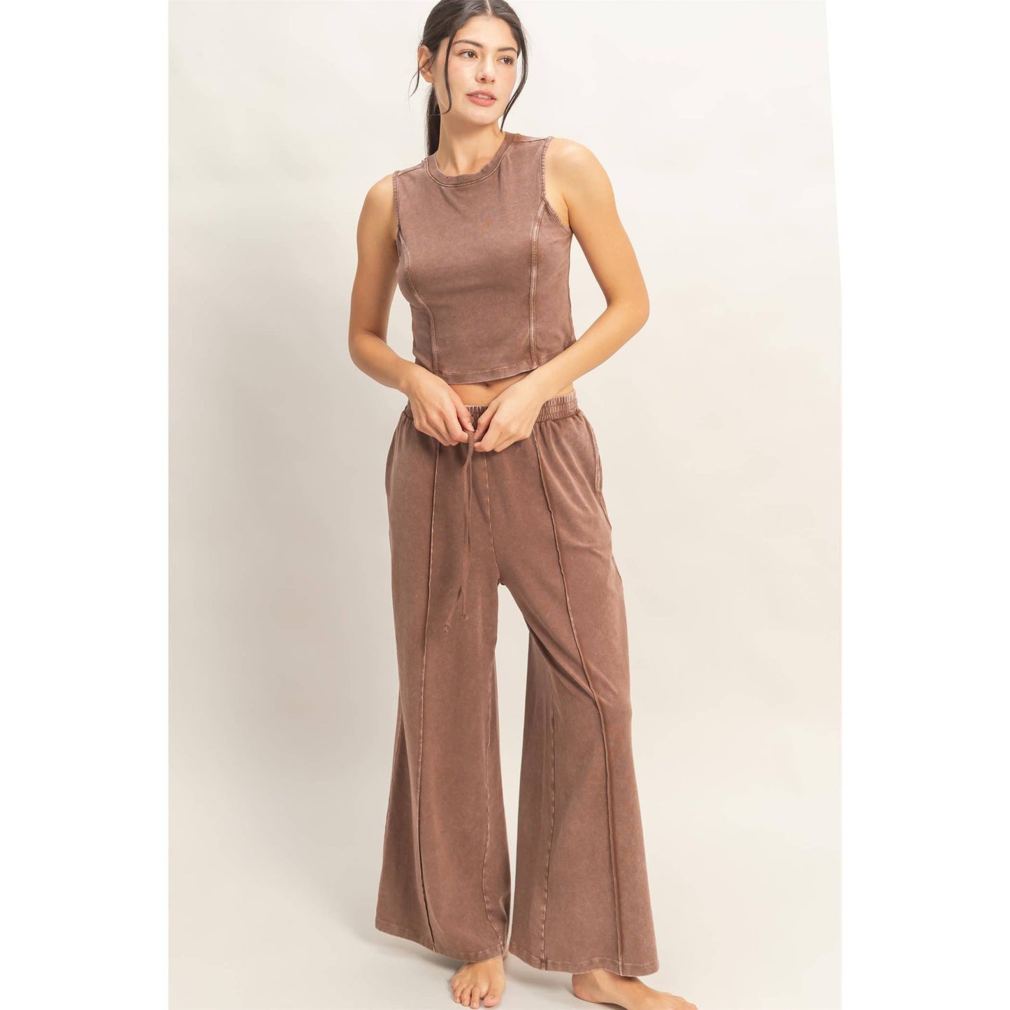 Mineral Washed Sleeveless Top & Wide Leg Pants Set in Chocolate