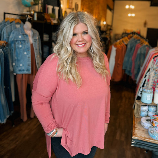 Plus Side Slit Round Neck Long Sleeve