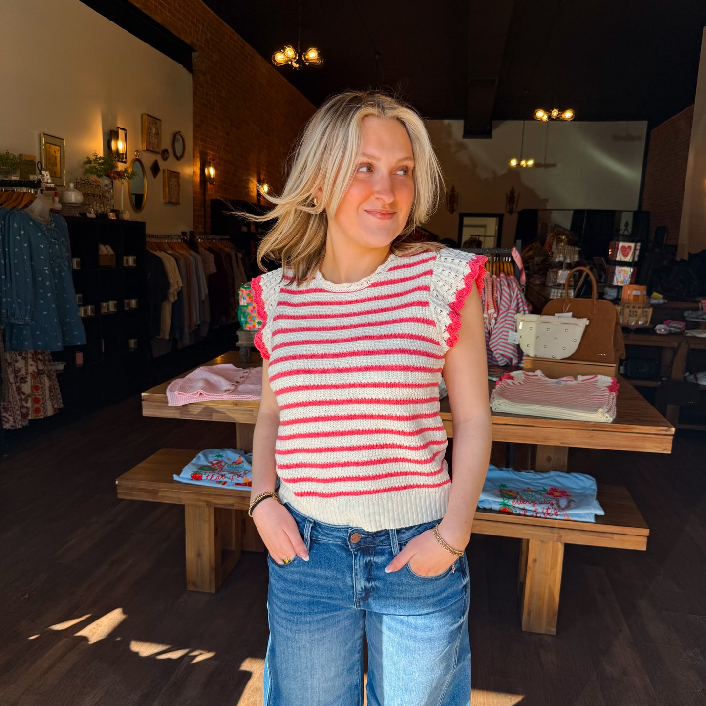 Scalloped Striped Ruffle Sleeve Top