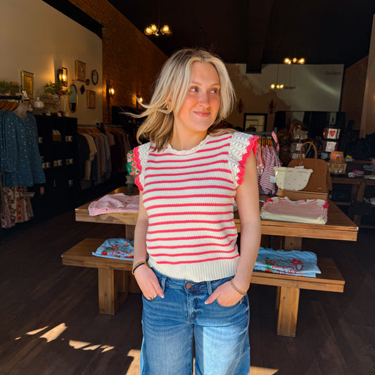 Scalloped Striped Ruffle Sleeve Top