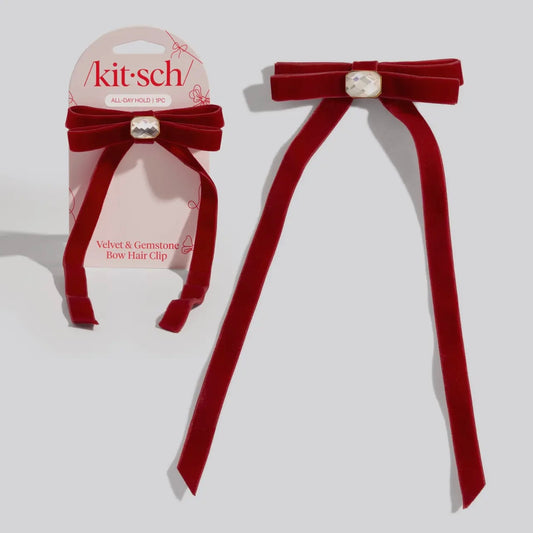 Kitsch Holiday Velvet & Gemstone Bow Hair Clip