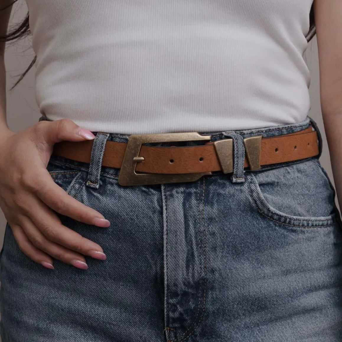 Rectangular Buckle Leather Belt